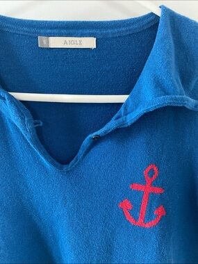 Aigle Bright Blue V-Neck Sweater with Red Anchor Accent